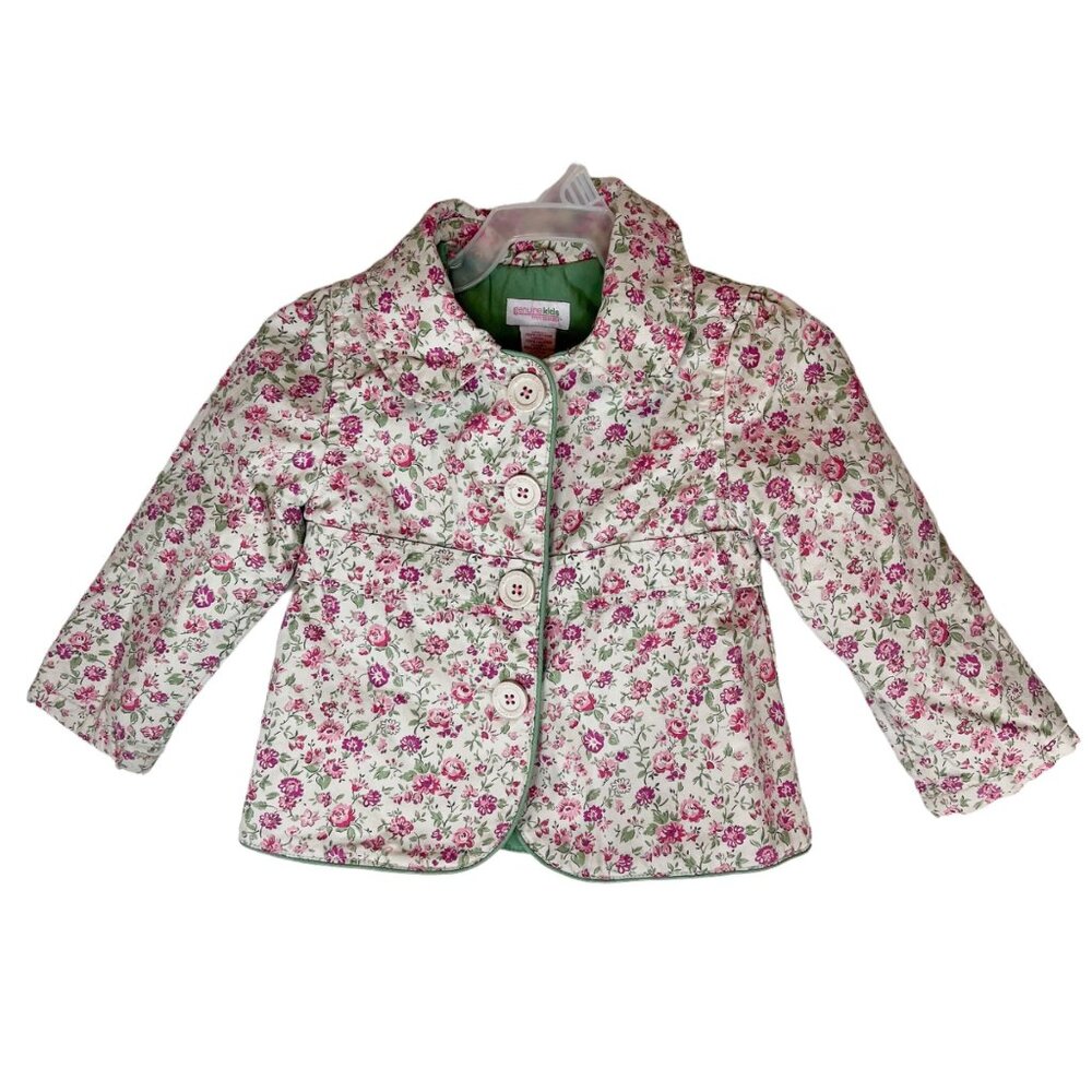 OSHKOSH Genuine Kids Jacket Tan Pink Green‎ Ditsy Floral Button Front Size 2T